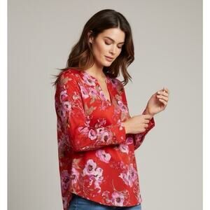 Talbots 2X Soft Satin Charmeuse Popover V Neck Bold Floral Long Sleeves Flowy